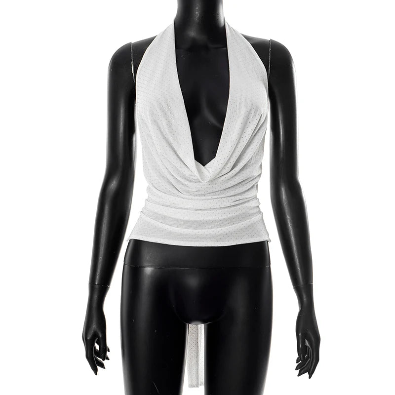 hirigin Women Sexy Deep V Neck Sequin Halter Top Y2k Draped Front Backless Sleeveless Crop Top Summer Tie Back Party Clubwear