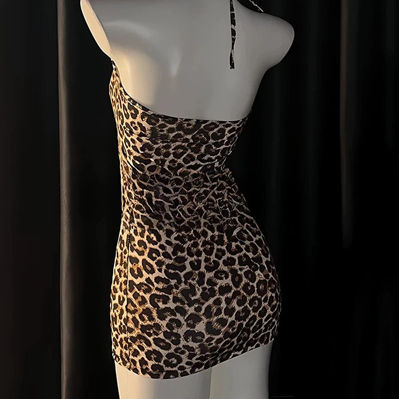 Saskia Leopard Halter Keyhole-Cutout Backless Lingerie Mini Dress
