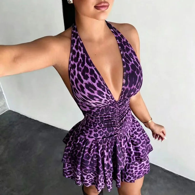 Yesenia Leopard Halter Plunge Ruffle Mini Dress