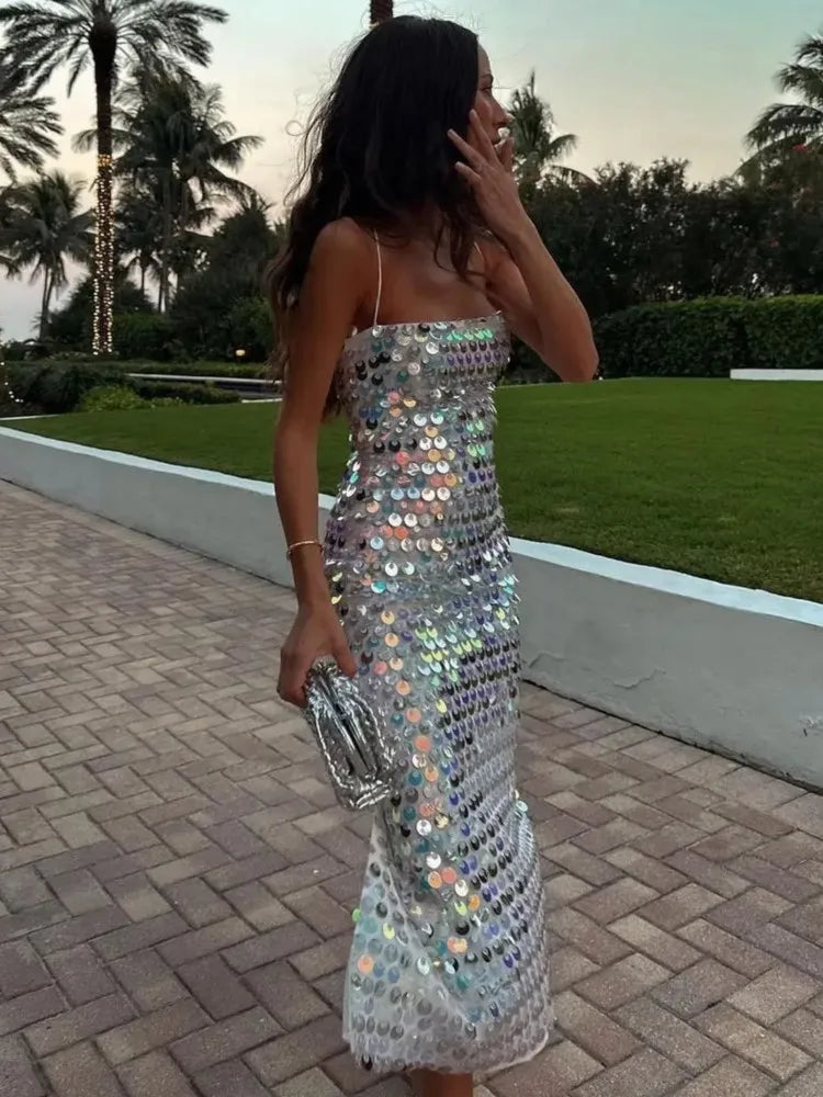 Sofia Sequin Spaghetti Strap Bodycon Maxi Dress