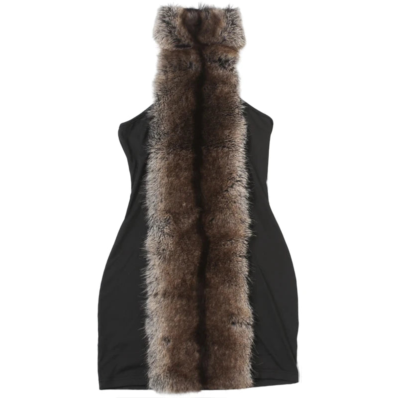 Weird Puss Fluff Patchwork Dress Women Halter Turtleneck Off Shoulder Backless Skinny Peach Hip Hottie High Street Style Bodycon