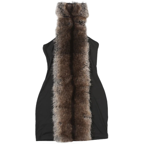 Weird Puss Fluff Patchwork Dress Women Halter Turtleneck Off Shoulder Backless Skinny Peach Hip Hottie High Street Style Bodycon