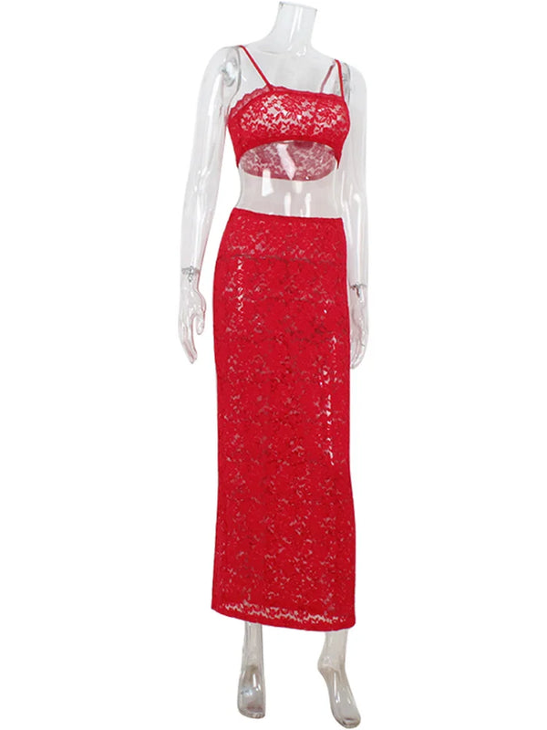 Fenwicka Red Lace Cami Top & Sheer Maxi Skirt Two-Piece Set