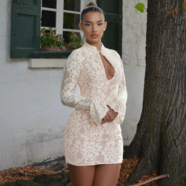 Pearl Lace Keyhole Flare-Sleeve Mini Dress
