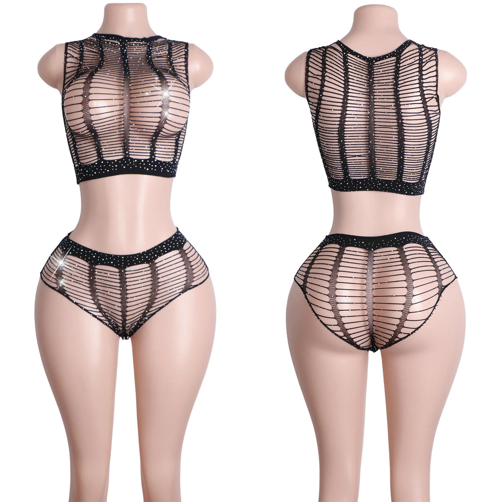 Obsidian Mirage Fishnet Rhinestone Lingerie Two-piece
