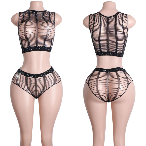 Obsidian Mirage Fishnet Rhinestone Lingerie Two-piece