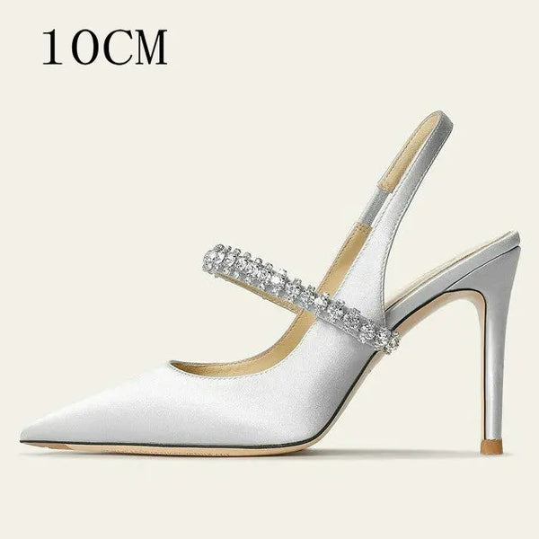 Zapatos Mujer Sandals Women Satin High Heels Wedding Prom Shoes Summer Fashion Silk Diamond Pointed Back Strap Heels