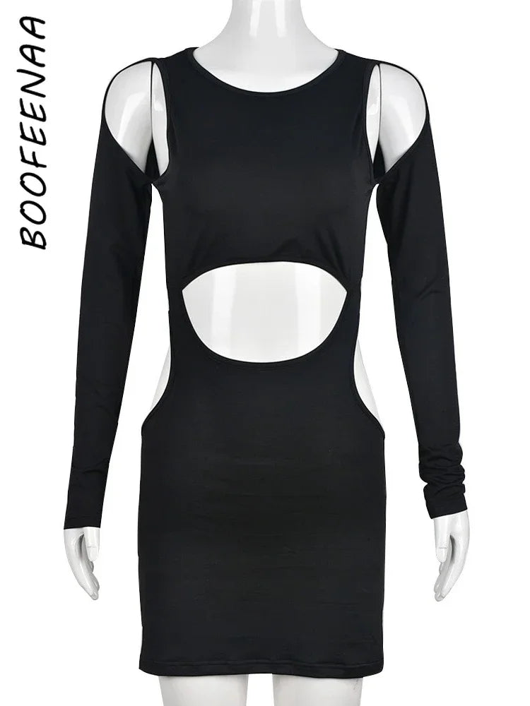 BOOFEENAA Hollow Out Long Sleeve Sexy Dress for Women Fall 2023 Fashion Black Mini Bodycon Dresses Club Wear C82-BH19