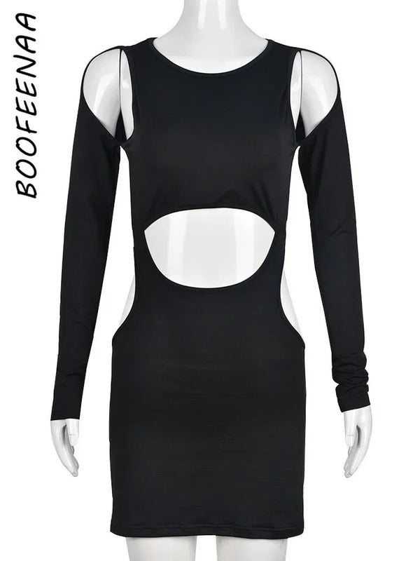 BOOFEENAA Hollow Out Long Sleeve Sexy Dress for Women Fall 2023 Fashion Black Mini Bodycon Dresses Club Wear C82-BH19