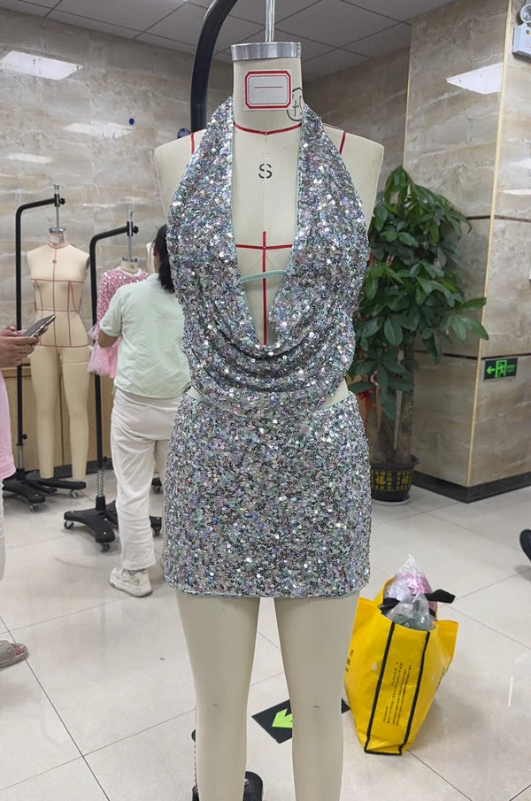 Wynonna Sequin Halter Cowl Crop Top & Mini Skirt Set