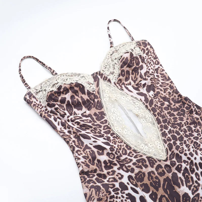 Vionette Leopard Lace-Trim Cutout Maxi Dress