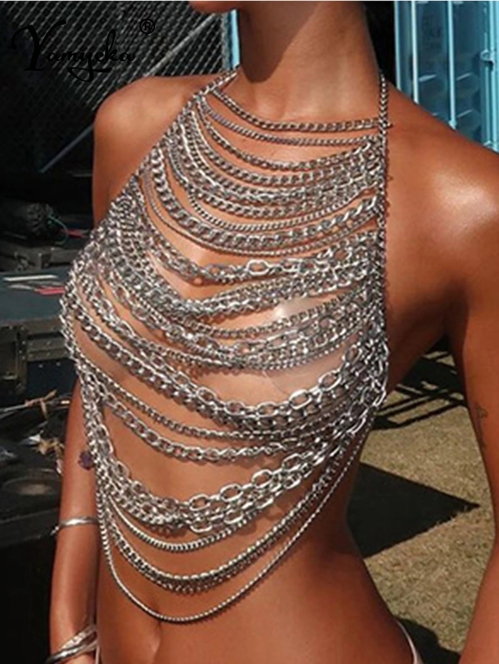 Nyx Silver Chain Halter Crop Top One-piece