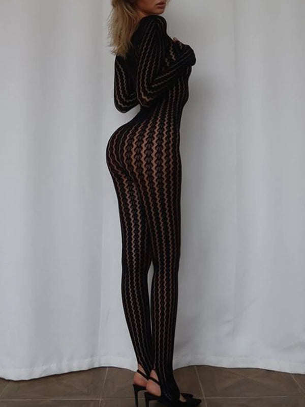 Veda Sheer Long-Sleeve Bodycon Jumpsuit One-piece