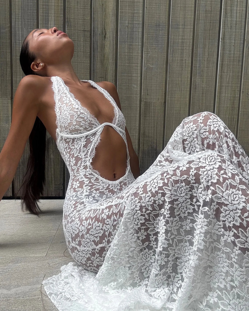 Thessaly Lace Halter Cutout Backless Mermaid Maxi Dress