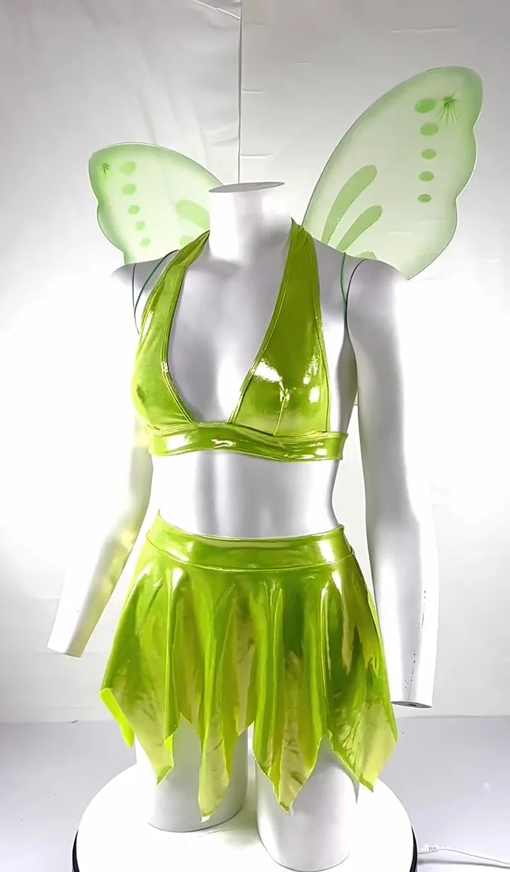 Fiorella Green Fairy Halter Top & Petal Skirt Costume Set with Wings