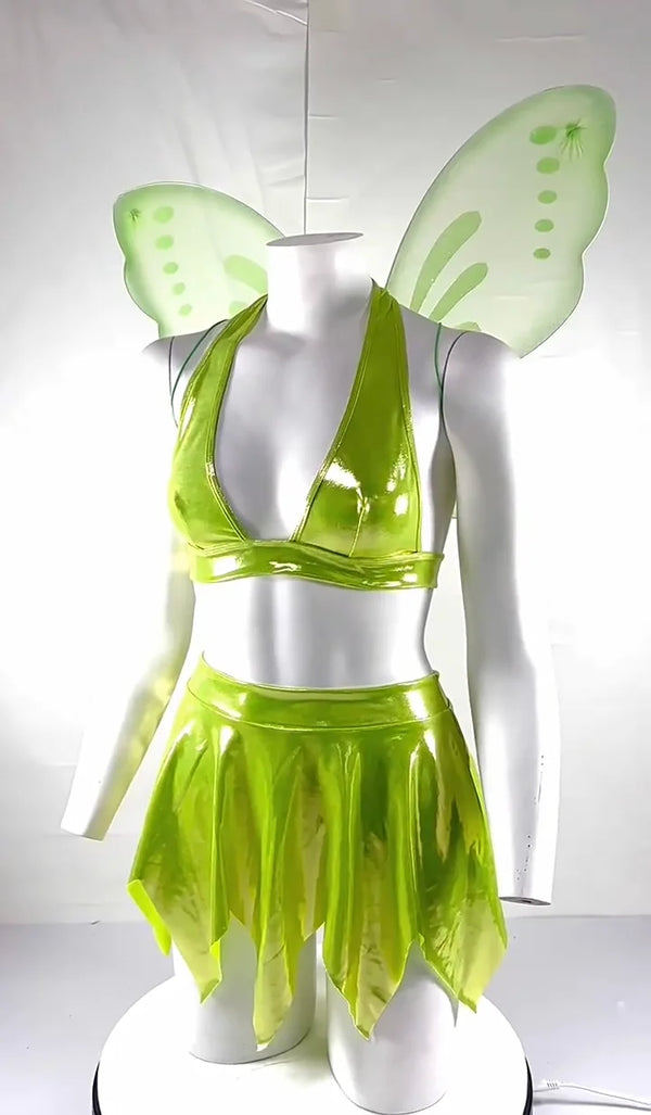 Fiorella Green Fairy Halter Top & Petal Skirt Costume Set with Wings