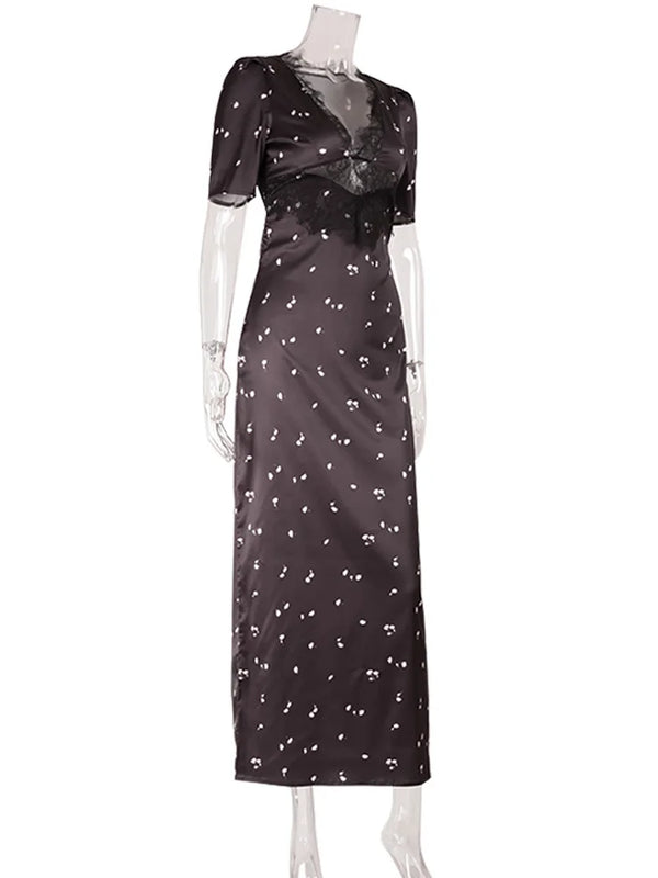 Peregrina Lace-Trim Petal Print Puff-Sleeve Satin Maxi Dress