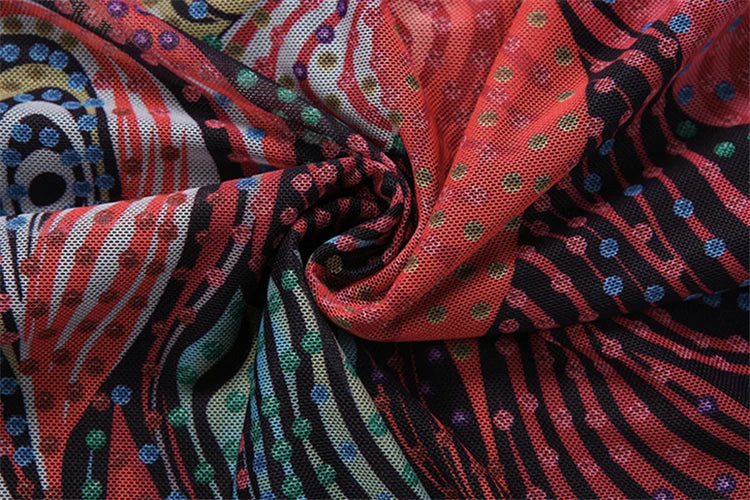 Aria Sunset Swirl Halter Mesh Maxi Dress