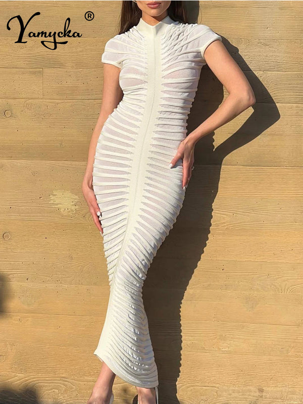 Simone Ruched Sheer Bodycon Maxi Dress