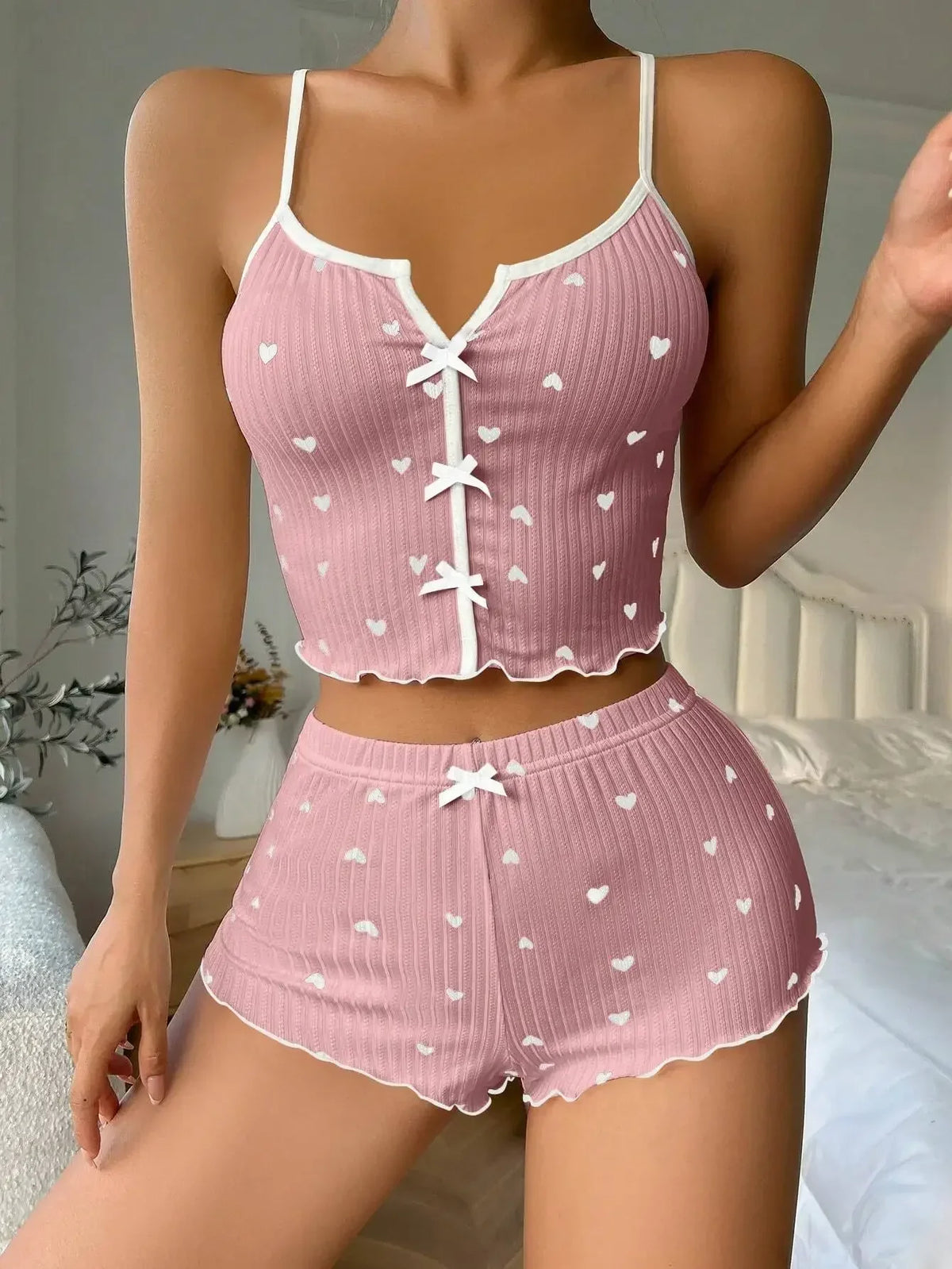 Lacey Heart-Print Ribbed Pajama Two-piece