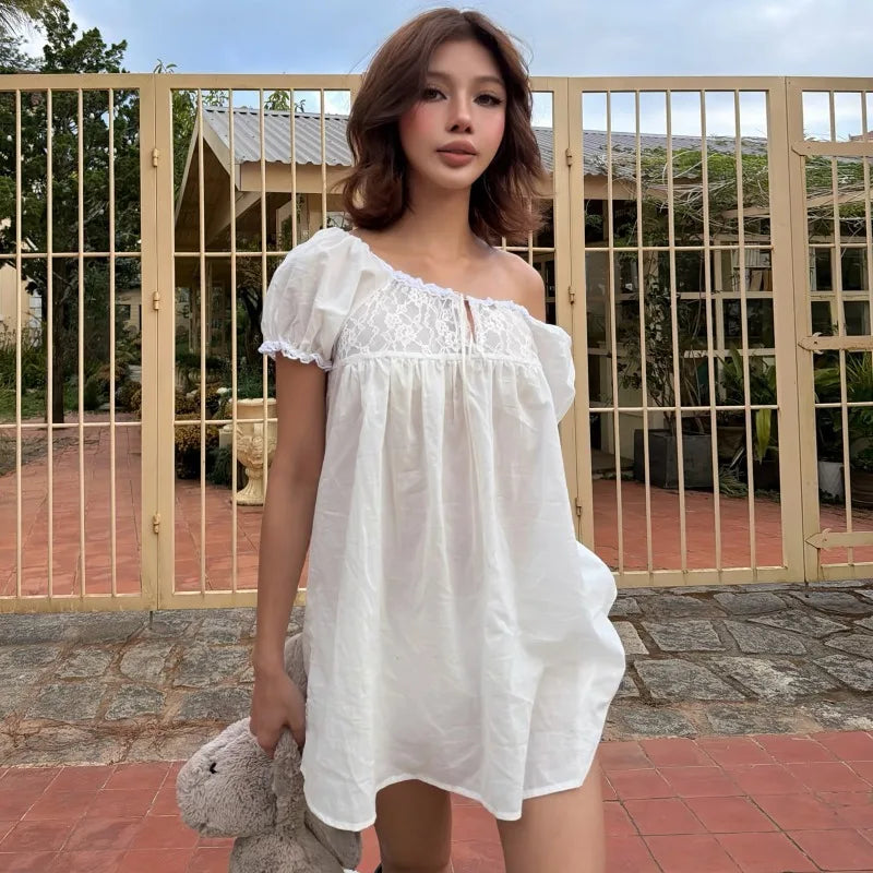 PixieKiki Women's Casual Loose Bubble Sleeves Mini Dress Mori Girl Cutecore White Summer Dresses P33-DD16