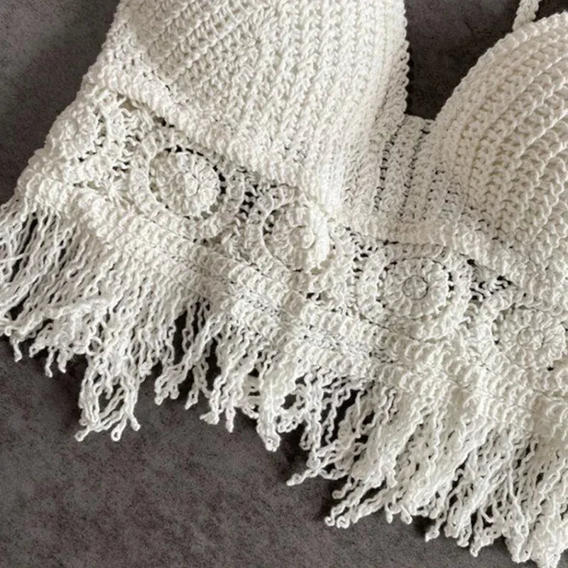 Soleil Crochet Tassel Halter Beach Crop Top One-piece