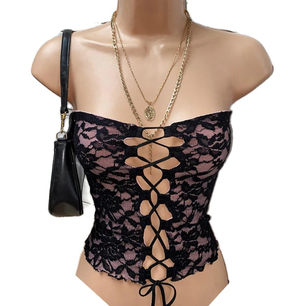 Aria Noir Lace-Up Floral Lace Top One-piece