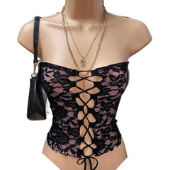 Aria Noir Lace-Up Floral Lace Top One-piece