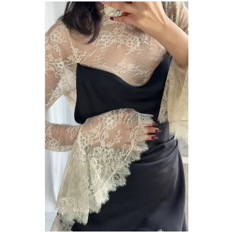 Genevieve Lace-Patchwork Flared-Sleeve Mini Dress