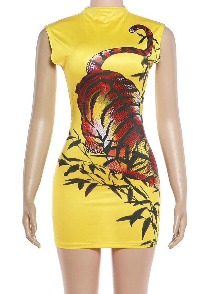 Kliou Sexy Skinny Wrap Hip Dress Woman Summer Trend Tiger Print Sleeveless Hot Girls Midnight Club Party Hipster Mini Bodycon