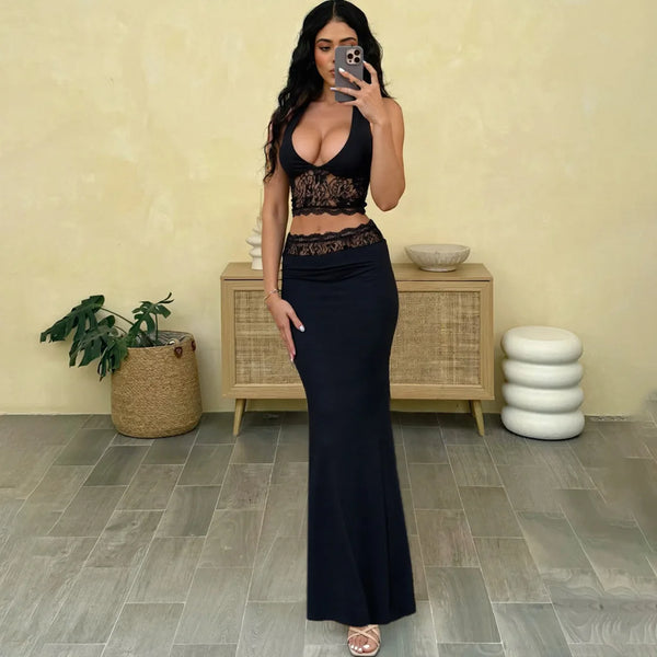 Carmella Lace Halter Maxi Skirt Set Two-piece