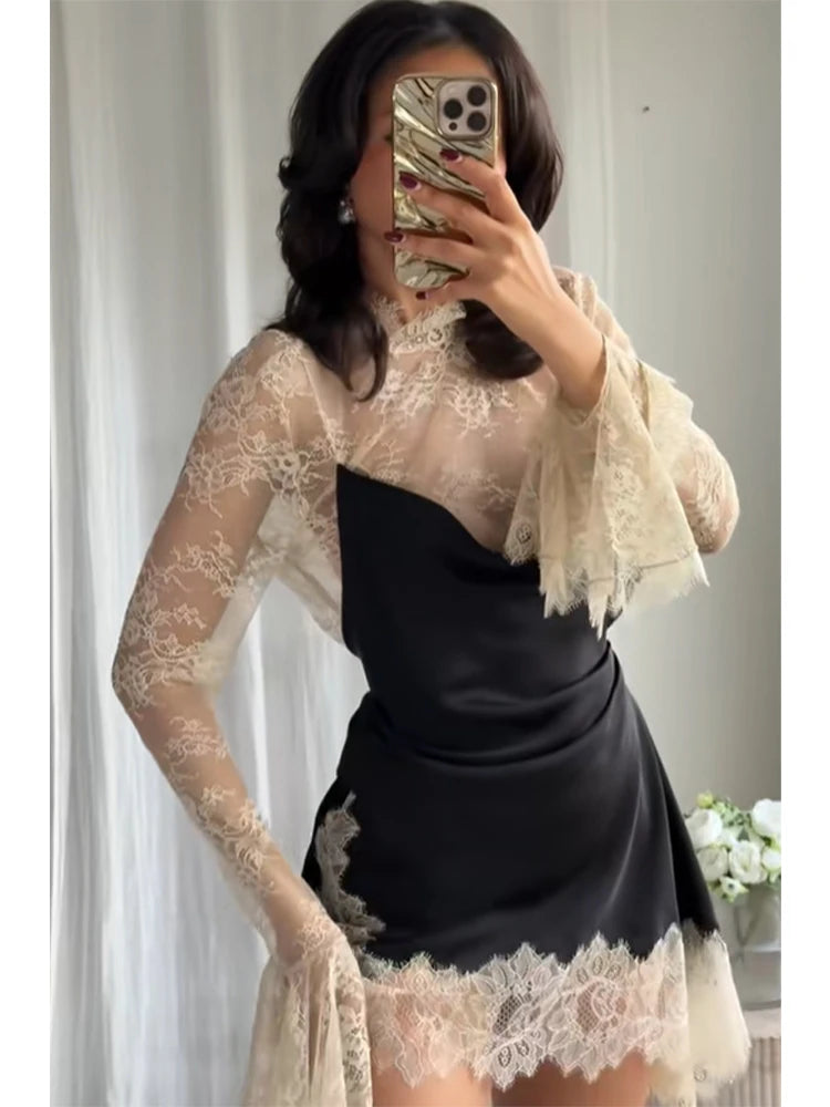 Genevieve Lace-Patchwork Flared-Sleeve Mini Dress