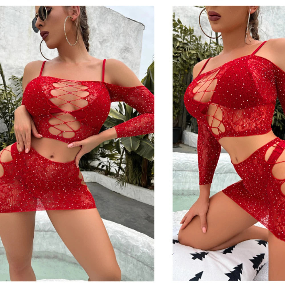 Velvet Noir Fishnet Rhinestone Lingerie Two-piece