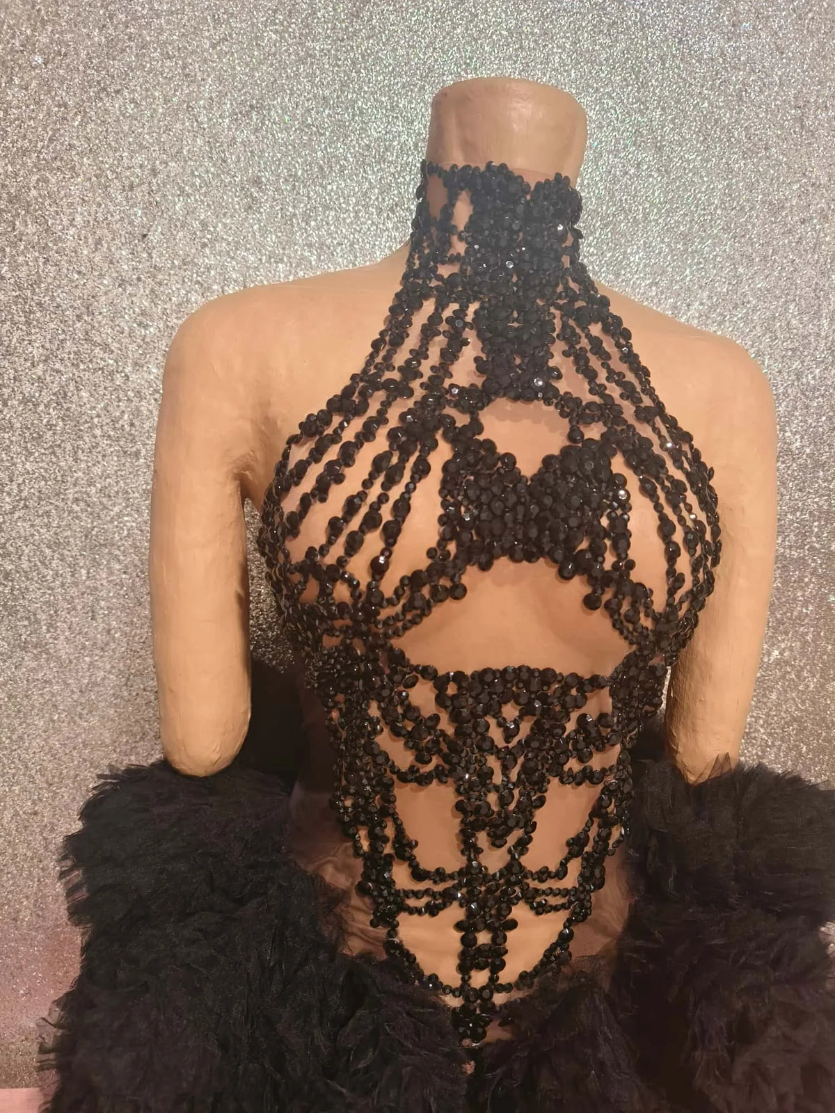 Raffaella Beaded Rhinestone Illusion Halter Tulle Mini Dress