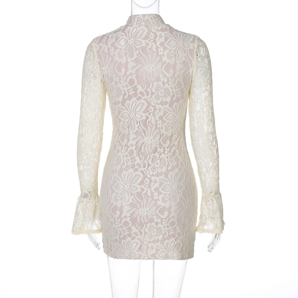 Pearl Lace Keyhole Flare-Sleeve Mini Dress