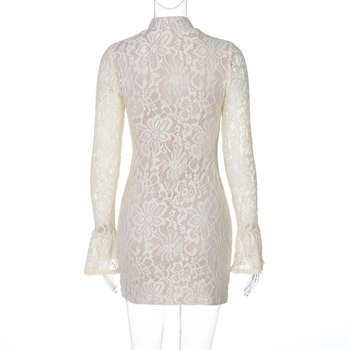 Pearl Lace Keyhole Flare-Sleeve Mini Dress