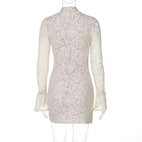 Pearl Lace Keyhole Flare-Sleeve Mini Dress