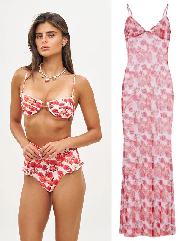 Marisa Red Floral String Bikini & Mesh Cover-Up Dress Collection