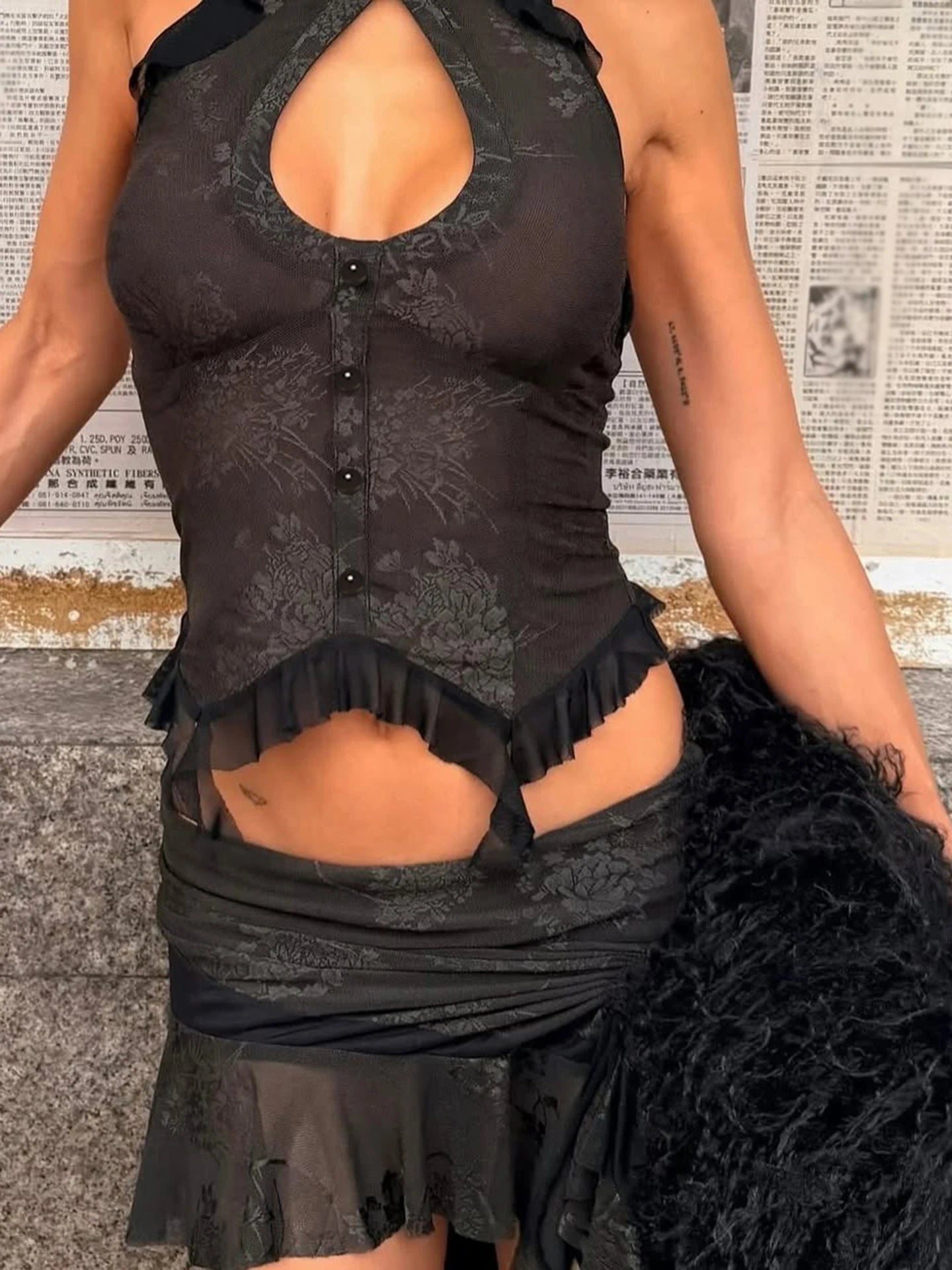 Kliou Ruffles Edge Design 2 Piece Set Woman Halter Sexy Hollow Tank Tops+Mesh Patchwork Irregular Skirts Street Fashion Outfits Secondary image