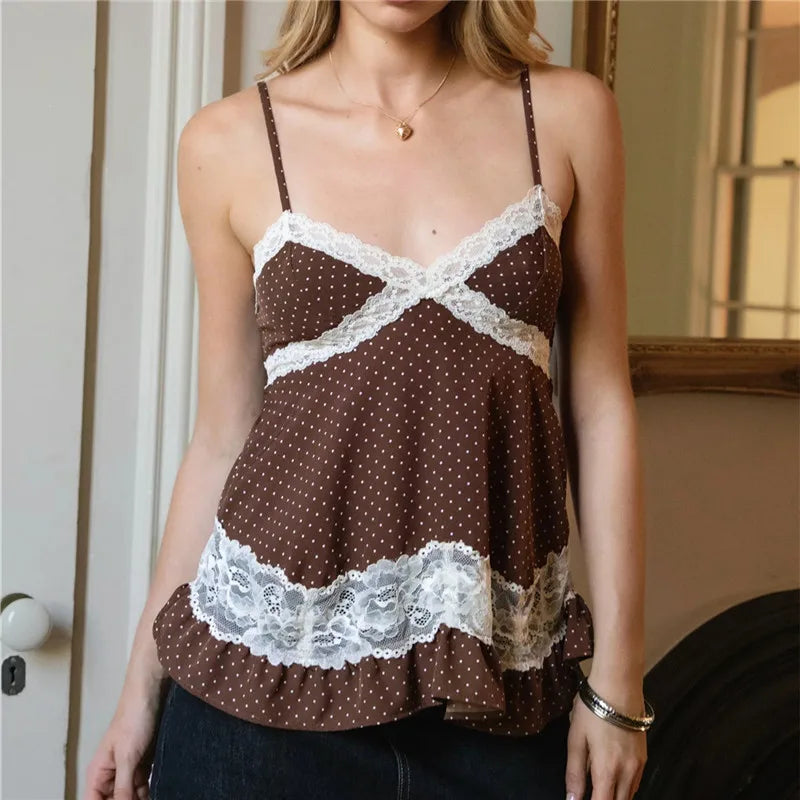 hirigin Polka Dot Lace Trim Camisole For Women V Neck Spaghetti Strap Ruffle Hem Sleeveless Top Retro Coquette Aesthetic Blouse