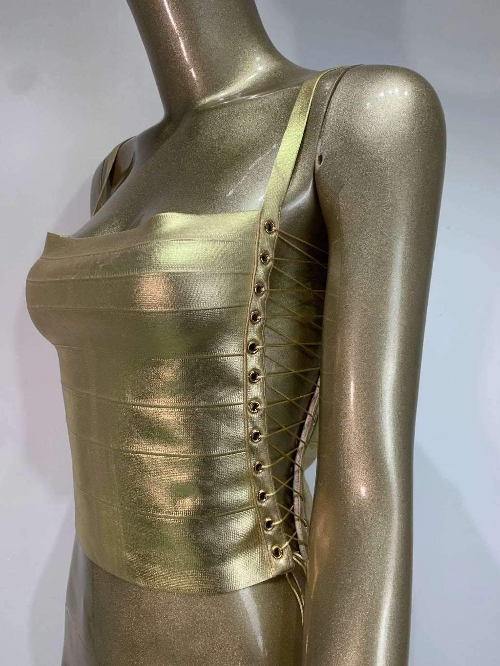 Women Summer Sexy Lacing Bronzing Gold Silver Bodycon Bandage Tops Celebrity Designer Fashion High Street Top