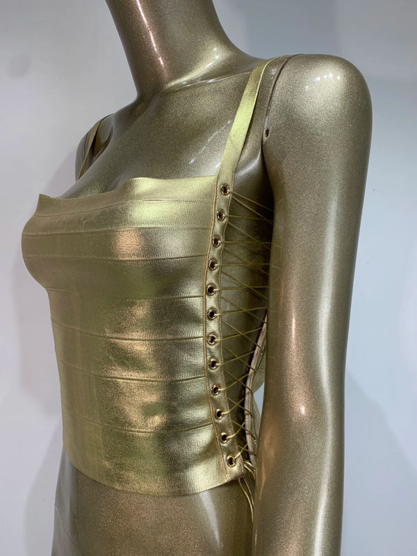 Women Summer Sexy Lacing Bronzing Gold Silver Bodycon Bandage Tops Celebrity Designer Fashion High Street Top