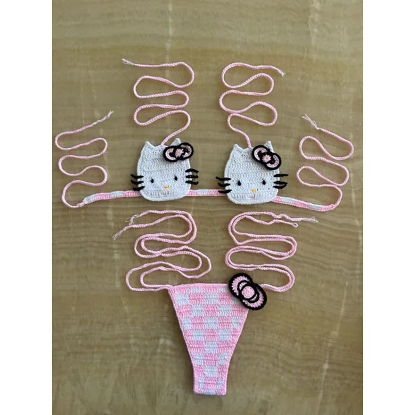 Cute Hello Kitty Ladys Sexy Swimsuit Crochet Bikinis Set Sanrio 2Pcs Womens Swimming Suit Micro Bikini Thongs Bathing Suit Beach