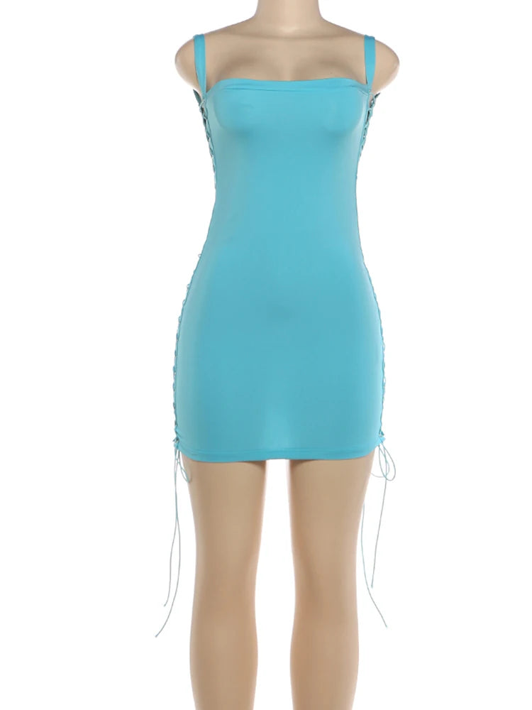 Kliou Sexy Skinny Warp Hip Dress Woman Summer Trend Square Collar Side Hollow Cross Bandage Design Midnight Club Party Bodycon