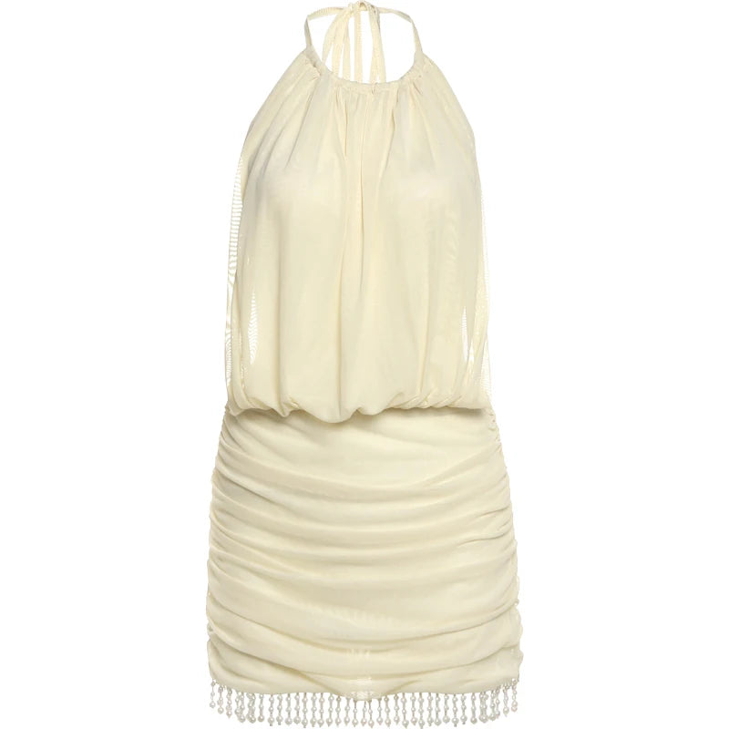 Celeste Pearl-Tassel Mesh Halter Mini Dress