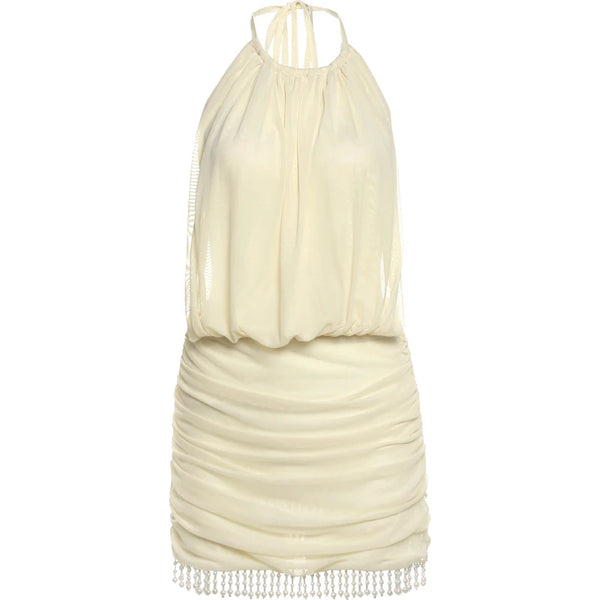 Celeste Pearl-Tassel Mesh Halter Mini Dress
