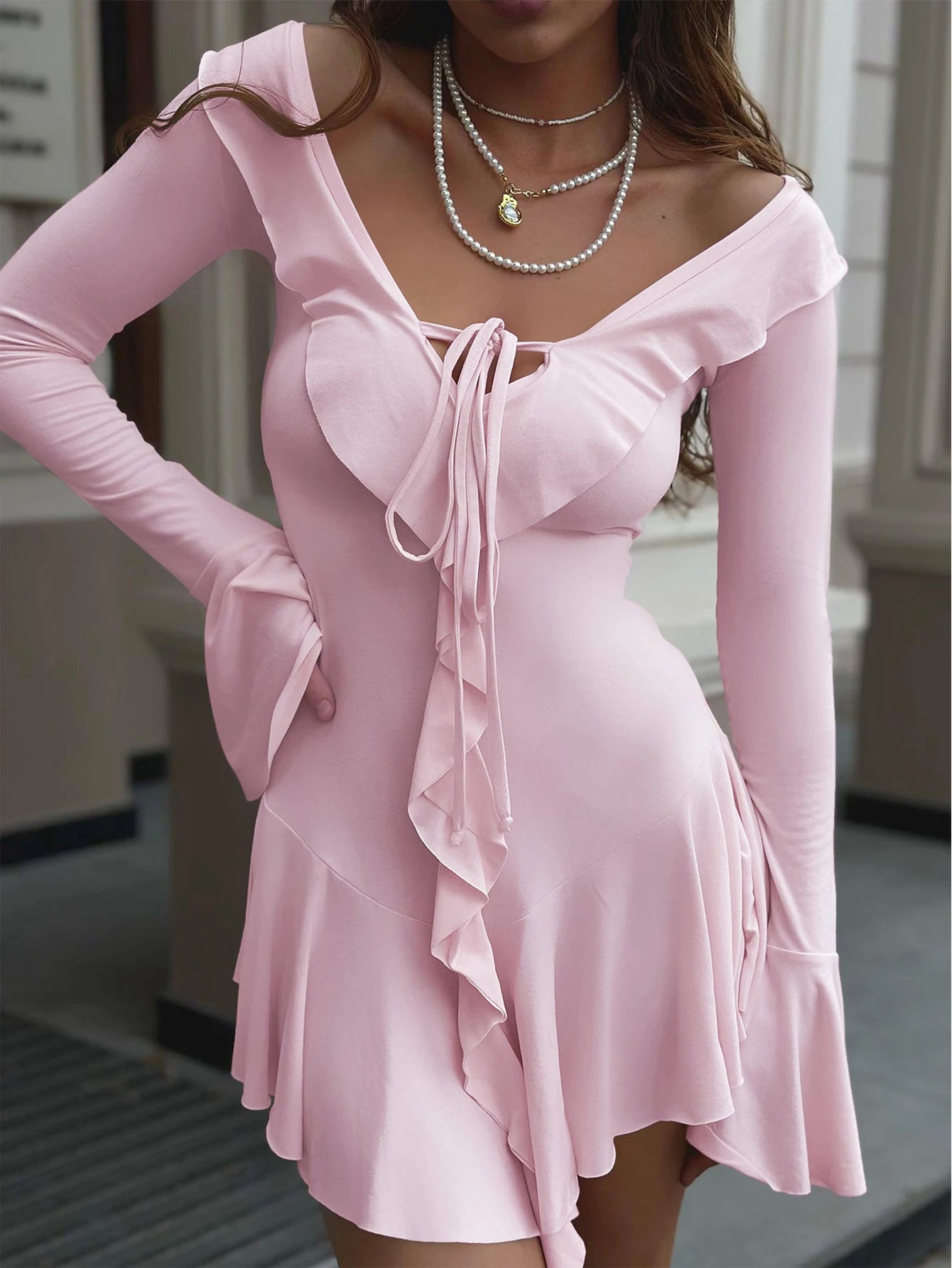 Ondine Ruffled Backless Long-Sleeve Mini Dress