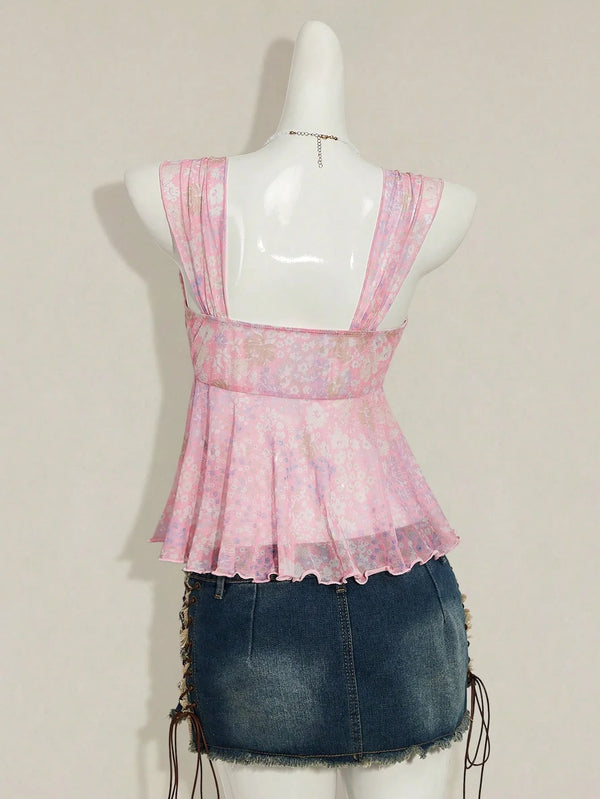 Poppy V-Neck Bow Sheer Camisole Crop Top One-piece