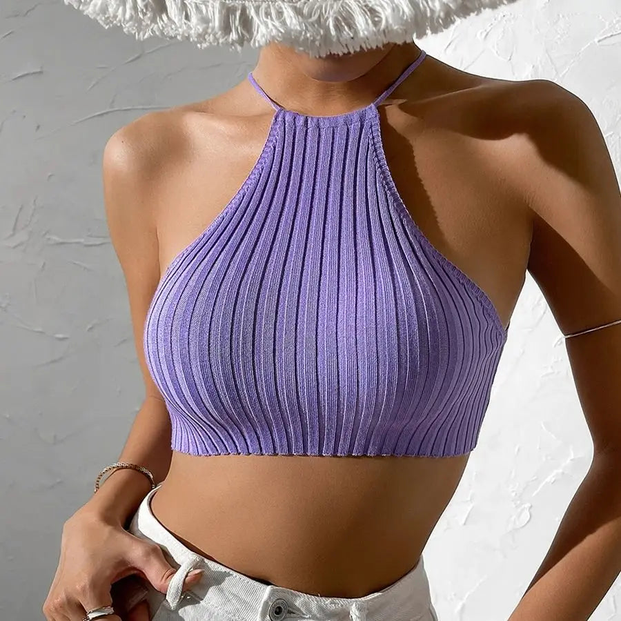 Womwen Summer Tie Backless Crop Halter Knit  Top Crossfit Y2K Crop Top Clothes Femme Sexy Casual Drawstring Cropped Beach Tank