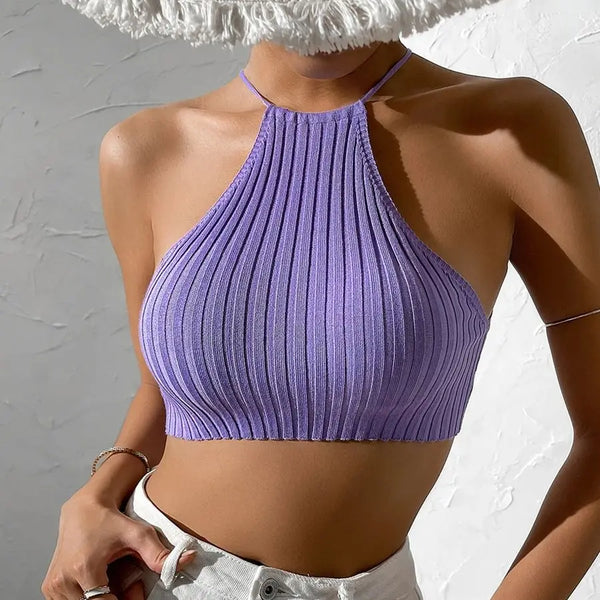 Womwen Summer Tie Backless Crop Halter Knit  Top Crossfit Y2K Crop Top Clothes Femme Sexy Casual Drawstring Cropped Beach Tank